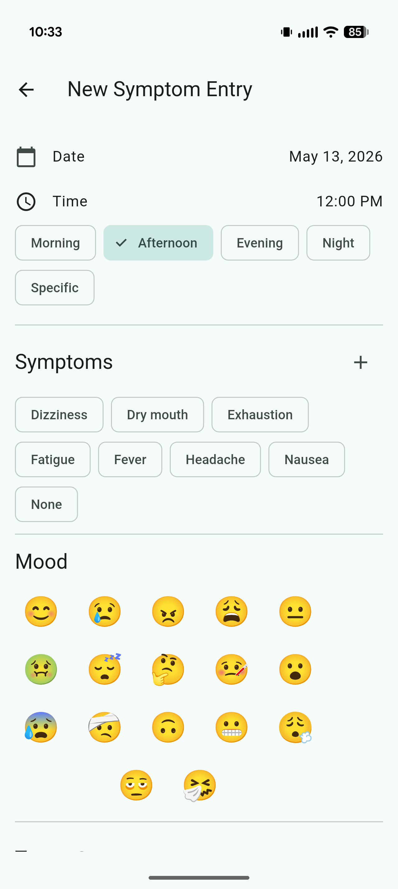 Creating a new symptom entry in Wellnot