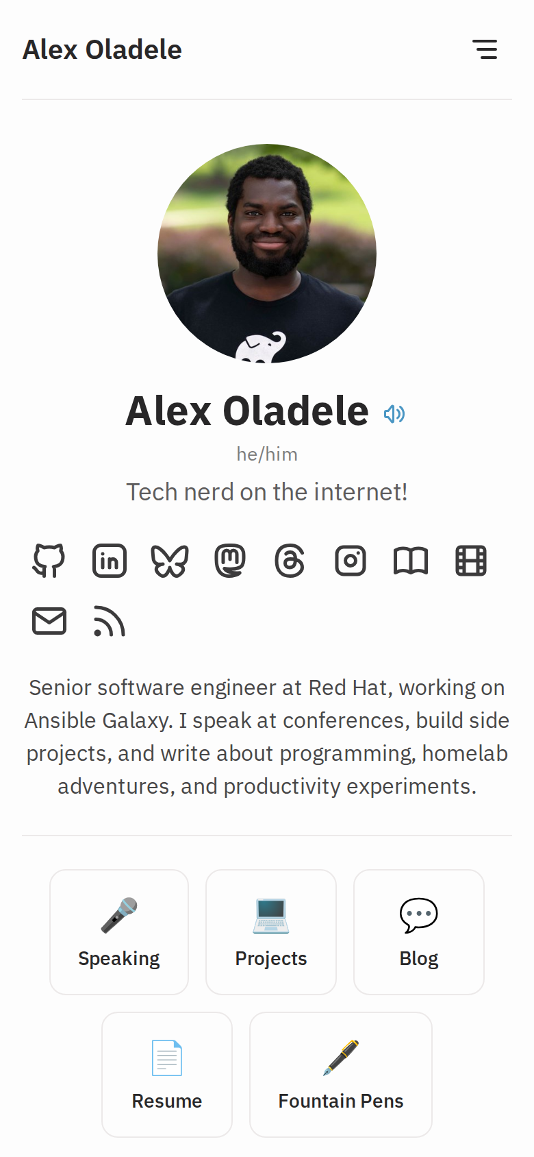 The alexo.dev home page on a phone, with headshot, socials, and links
