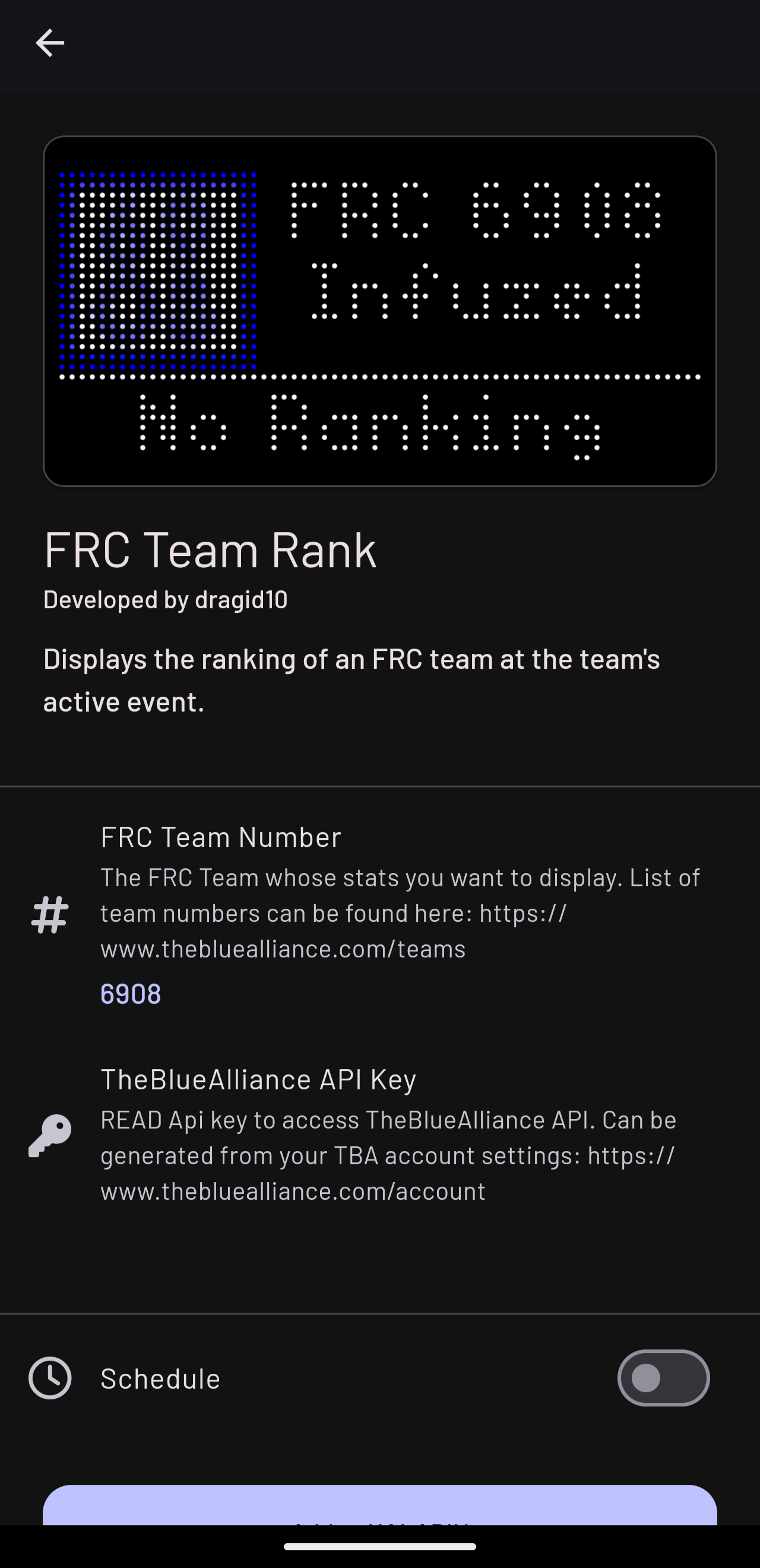 The FRC Team Rank app available in the Tidbyt app store. The pewview is of Team 6908 - Infuzed
