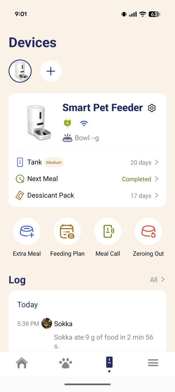 PawSync app showing the smart pet feeder dashboard and feeding log